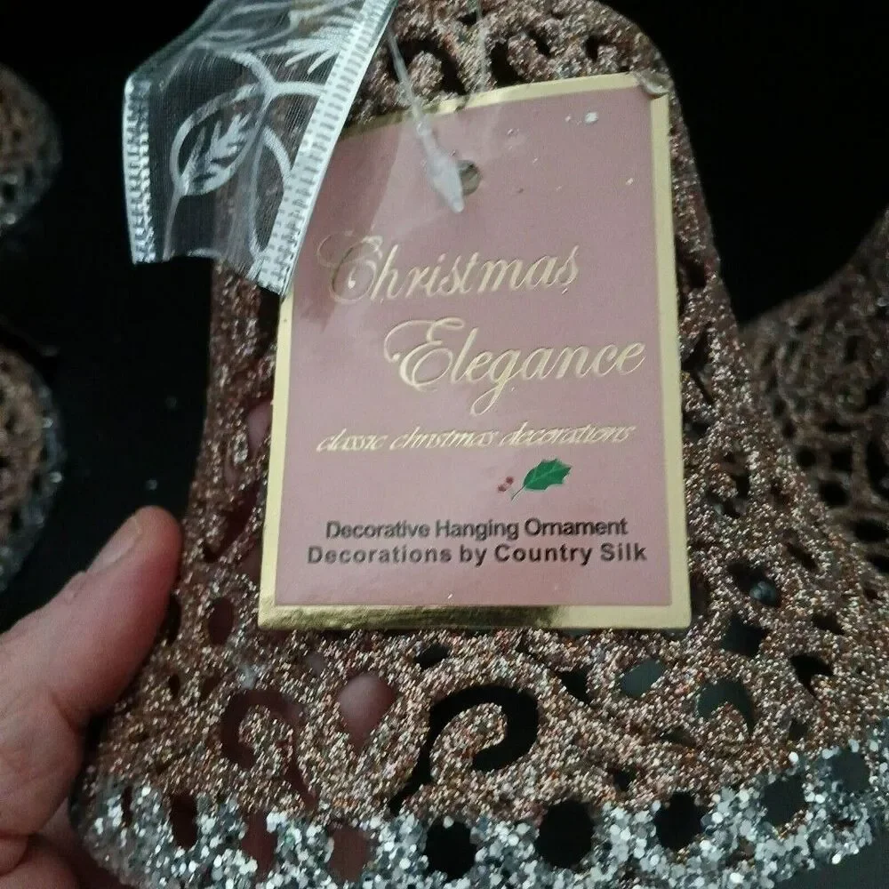 Holiday Hanging Bell Ornament Decorations Set of 4 Plastic Rose Gold/Glitter 6
